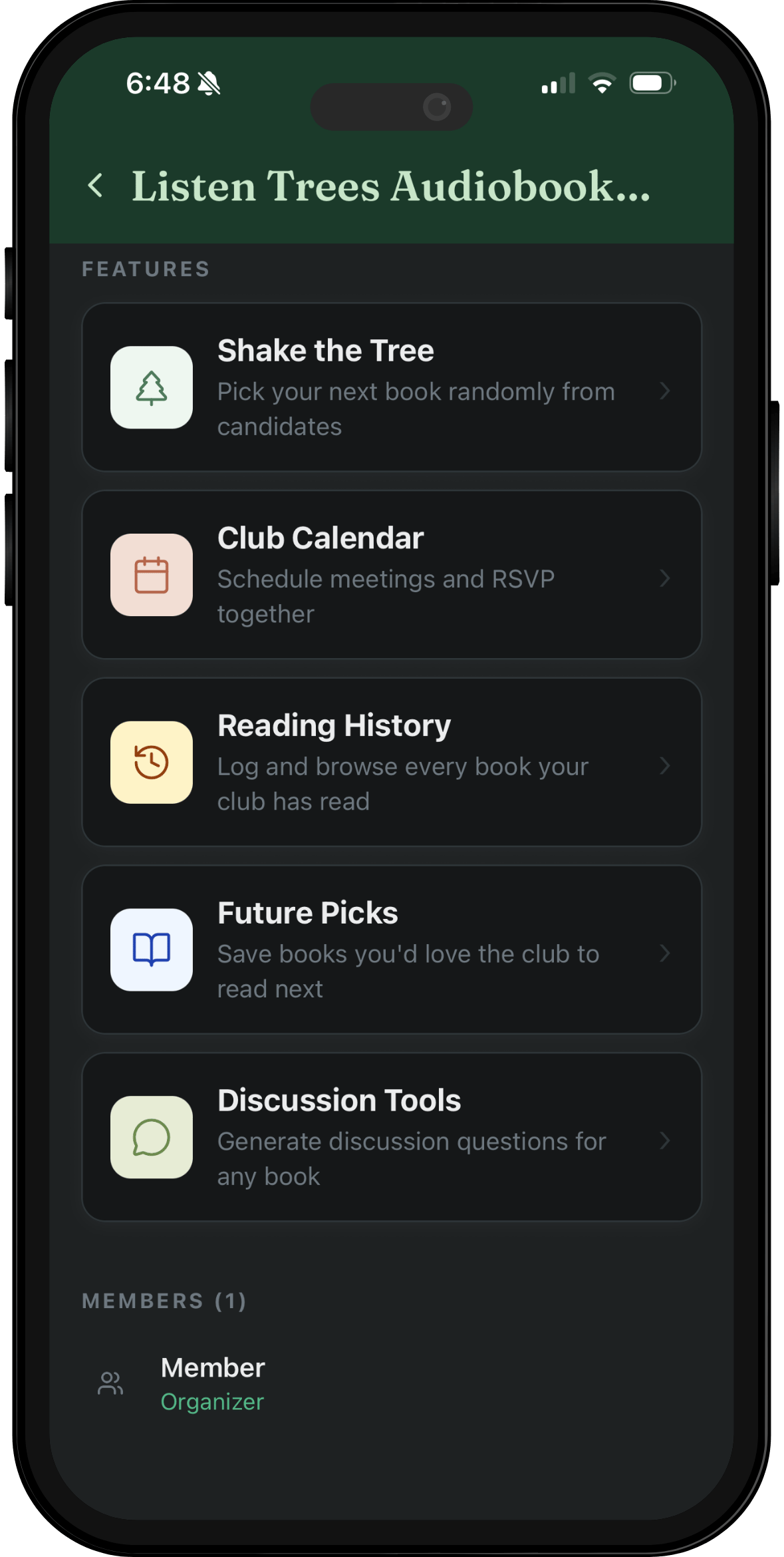 Village screen showing book club features