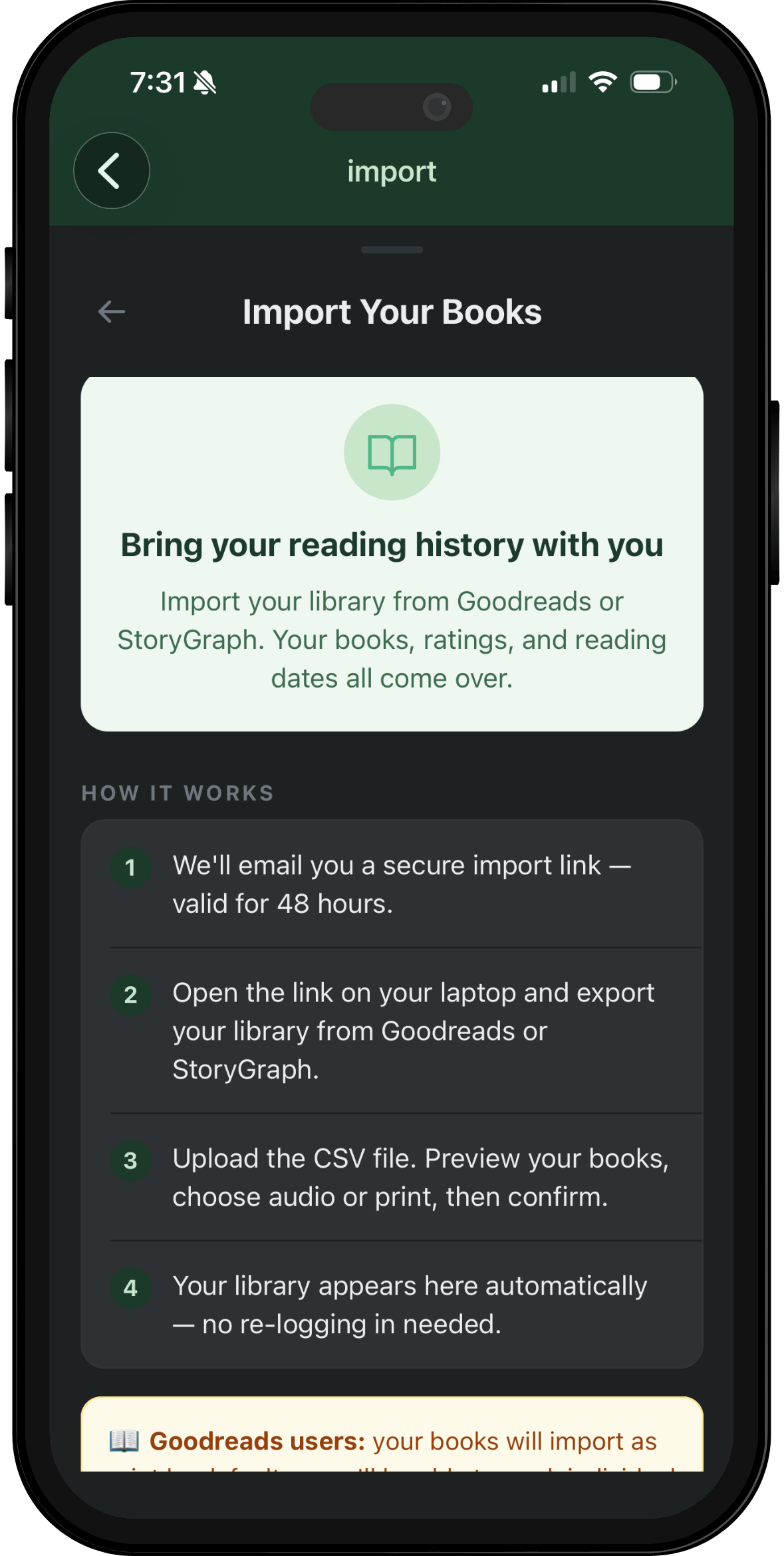 Import from Goodreads or StoryGraph