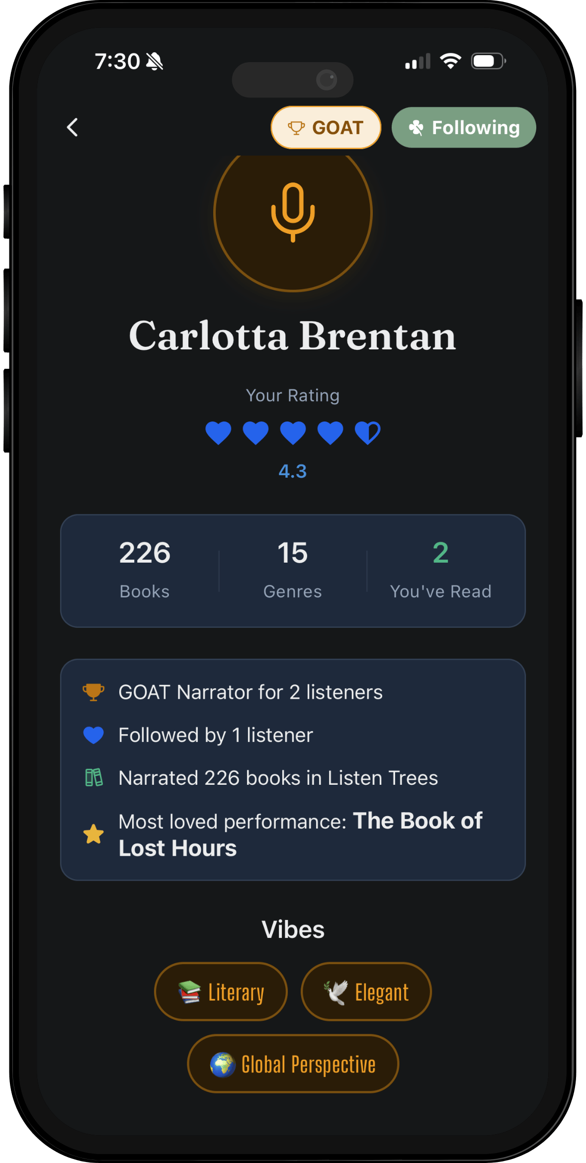 Narrator profile showing voice traits and ratings
