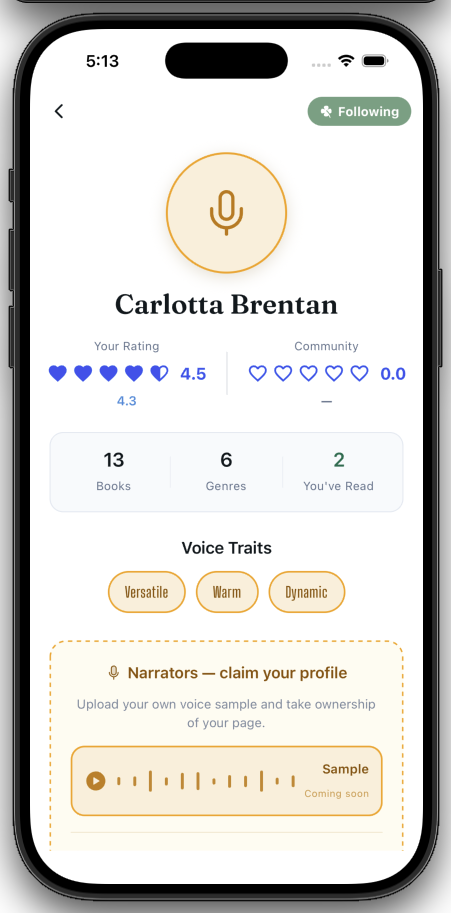 Narrator profile showing voice traits and ratings