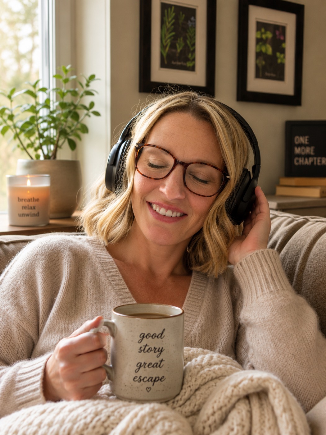 Beth listening to an audiobook with headphones and a coffee mug