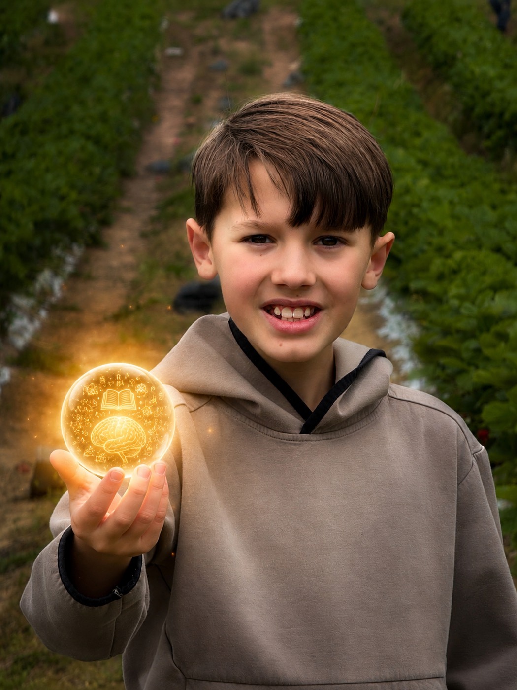 One of the boys holding a glowing orb of stories