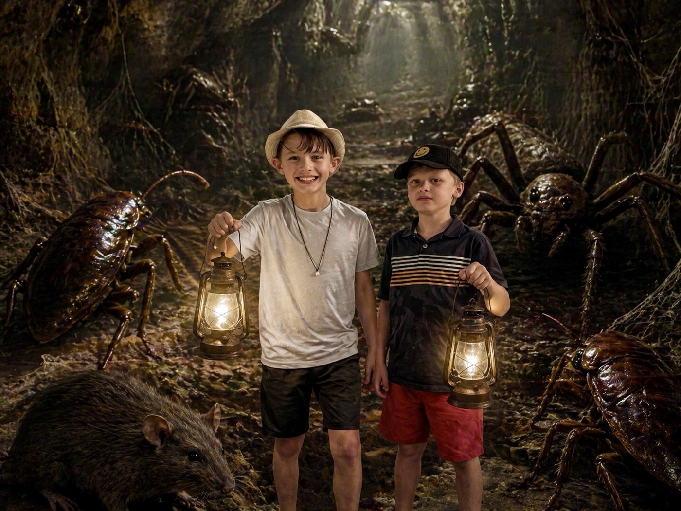 The boys exploring with lanterns in a storybook adventure