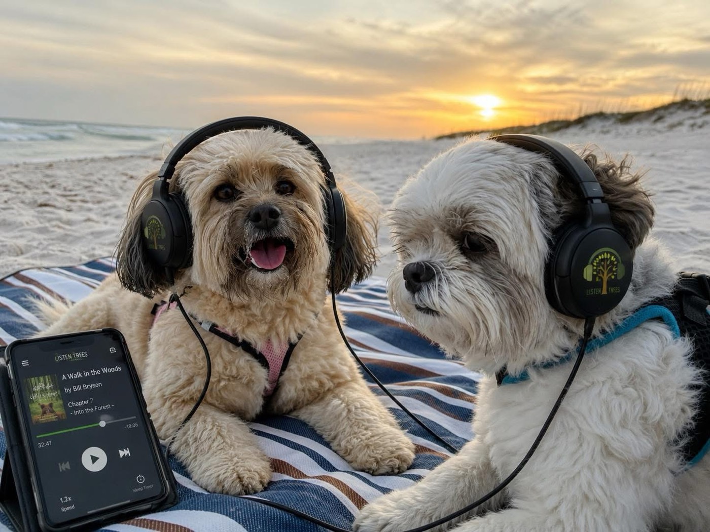 Ace and Trixie wearing Listen Trees headphones on the beach at sunset